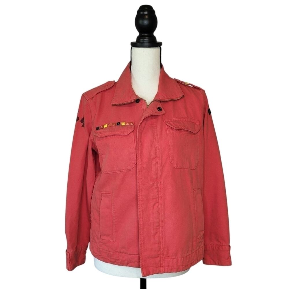 Current Elliott Red Military Utility Jacket Coral Pink Canvas Studded Cargo Sz M